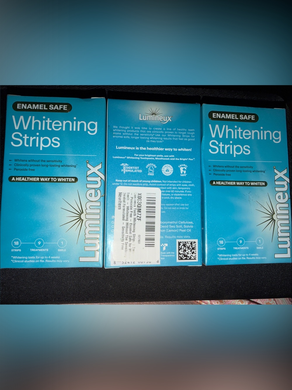 Luminuex Whitening Strips in Bright Teal Packaging